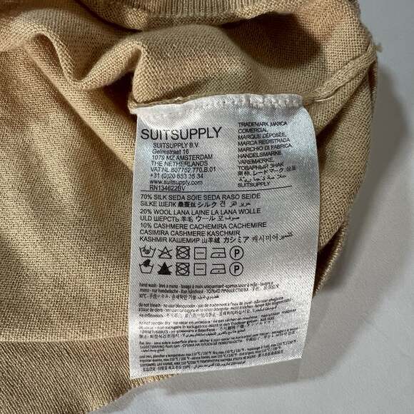 SUITSUPPLY Silk Wool Cashmere Short Sleeve Johnny Collar Polo Tan Large - Picture 4 of 7